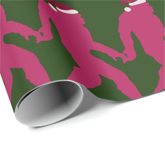 Papier Cadeau Fun & Whimssical Bigfoot Père Noël en vert et rose (Coin rond)