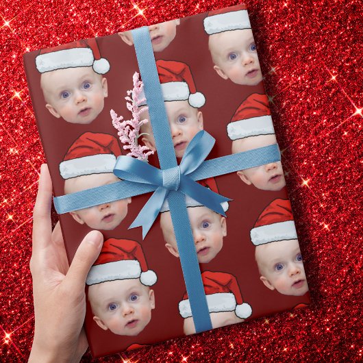 Papier Cadeau Funky Custom Face Photo Santa Hat Christmas Red