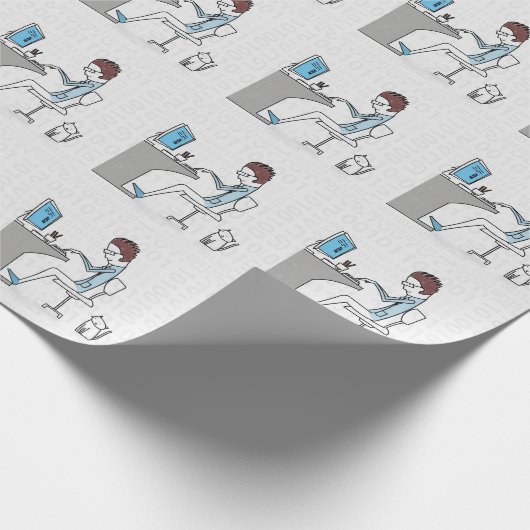 Papier Cadeau Funny Blue et gris ordinateur Nerd avec chat (Coin)