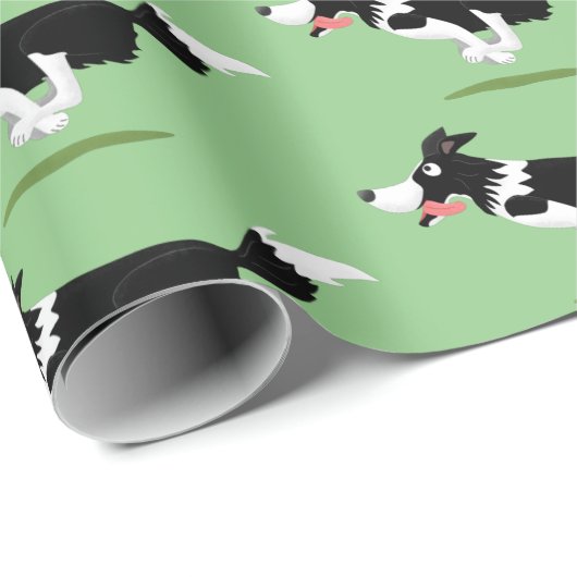 Papier Cadeau Funny Border Collie chien en course dessin animé (Coin rond)