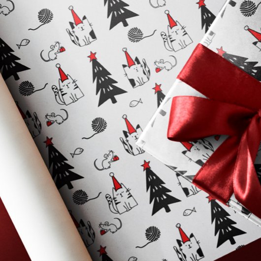 Papier Cadeau Funny Chats Noël motif blanc