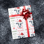 Papier Cadeau Funny Cow Cowabunga Noël personnalisé<br><div class="desc">Ce joli papier d'emballage cadeau de vacances comporte une vache noire et blanche portant un chapeau de Père Noël rouge et blanc. Autour du portrait de la vache sont des flocons de neige rouges ornés. Le texte dit "Cowabunga !", et le texte vert et rouge dit "Joyeux Noël". Il y...</div>