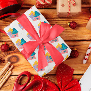 Papier Cadeau Funny Gold Red White Green Pine Cadres de Noël