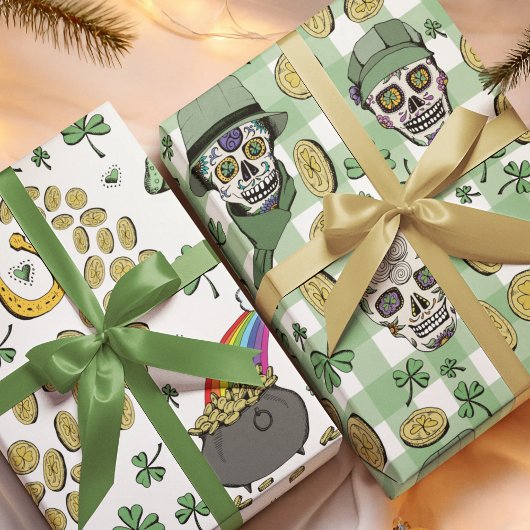 Papier Cadeau Funny n'Festive Green Irlandais Sugar Skuls & Coin