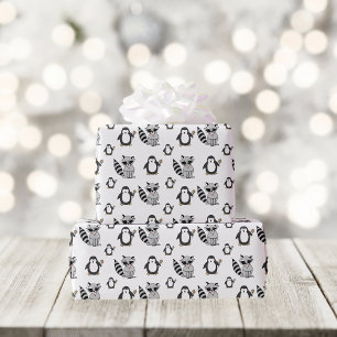 Papier Cadeau Funny Raccoon et Motif de pingouin