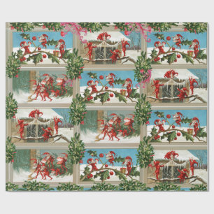 PAPIER CADEAU FUNNY RED CHRISTMAS ELVES, HOLLYBERRIES, MISTLETOE