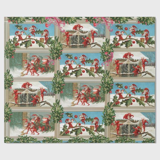 PAPIER CADEAU FUNNY RED CHRISTMAS ELVES, HOLLYBERRIES, MISTLETOE (Plat)