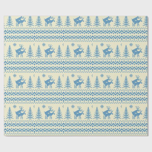 Papier Cadeau Funny Reindeer Christmas Tree Snow Blue Pattern (Plat)