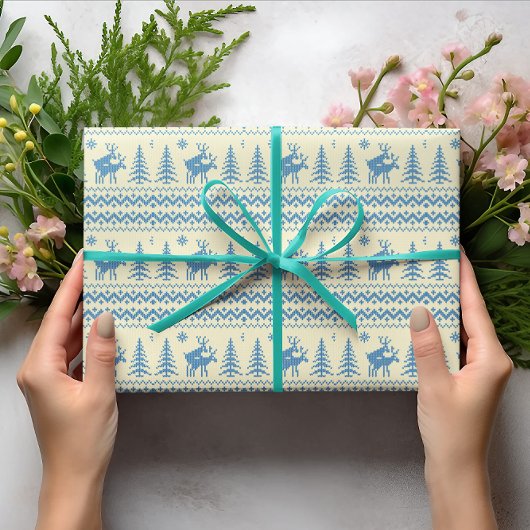 Papier Cadeau Funny Reindeer Christmas Tree Snow Blue Pattern