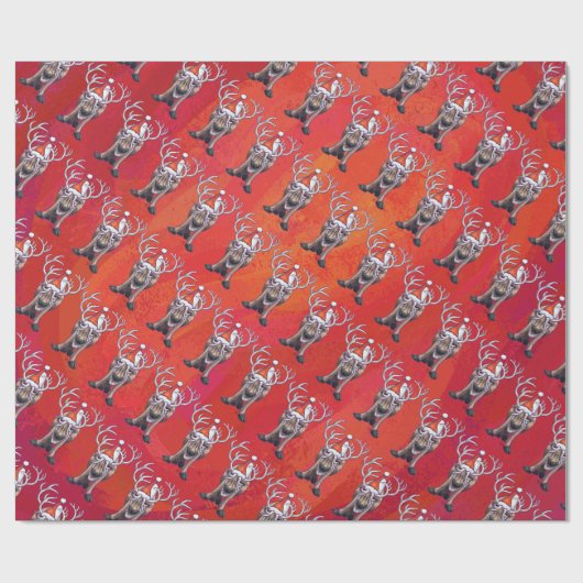 Papier Cadeau Funny Reindeer Motif sur rouge (Plat)