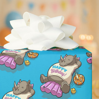 Papier Cadeau Funny Rhino Happy Birthday! Pool Party Cartoon