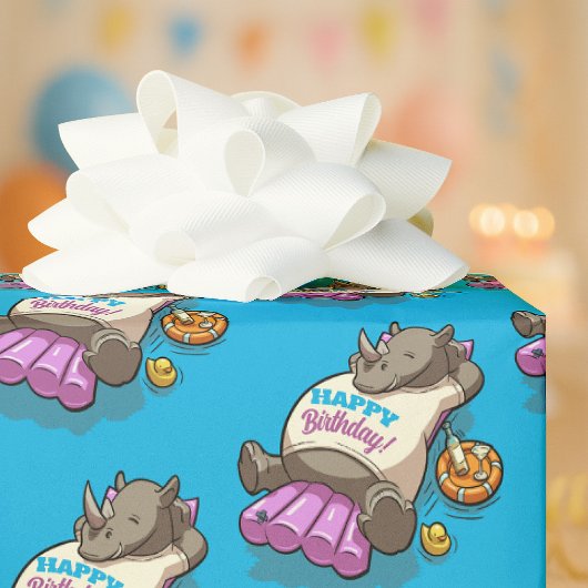 Papier Cadeau Funny Rhino Happy Birthday! Pool Party Cartoon