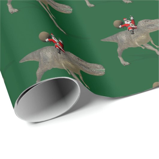 Papier Cadeau Funny Santa Claus Riding Sur Trex Dino Dinosaur (Coin rond)