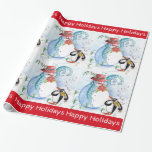 Papier Cadeau FUNNY SNOWMAN, PENGUIN'S HITER SERENADE Christmas<br><div class="desc">Whimsical and colorful pastel painting with red flowers,  flourishes and Chrismas trees by Bulgan Lumini (c)</div>