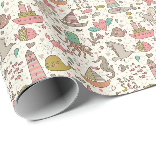 Papier Cadeau Funny Summer Pattern With Ships (Coin rond)