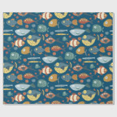 Papier Cadeau Funny Whimsical Océan Poisson Motif bleu (Plat)
