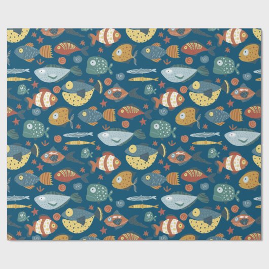 Papier Cadeau Funny Whimsical Océan Poisson Motif bleu (Plat)