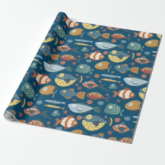 Papier Cadeau Funny Whimsical Océan Poisson Motif bleu (Déroulé)