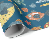 Papier Cadeau Funny Whimsical Océan Poisson Motif bleu (Coin rond)