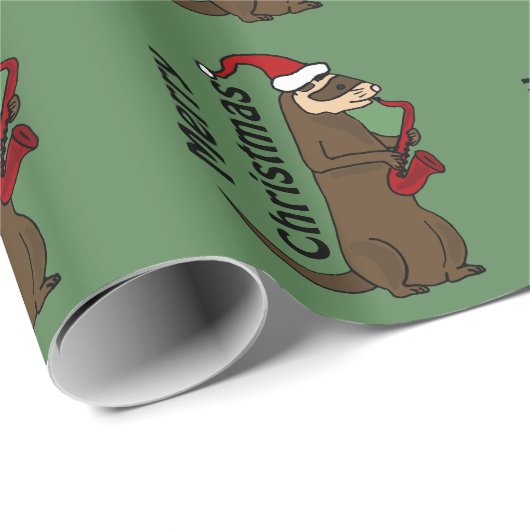 Papier Cadeau Furet drôle jouant l'art de Noël de saxophone (Coin rond)