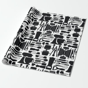 Papier Cadeau Gadgets et ustensiles de Cuisine noir et blanc