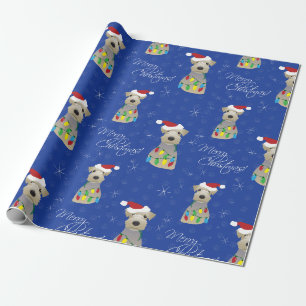 Papier Cadeau Gallois Terrier Empreintes de pattes Noël bleu