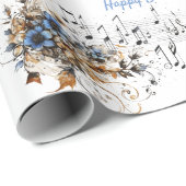 Papier Cadeau Gamme de notes de musique Fleurs aquarelles bleues (Coin rond)