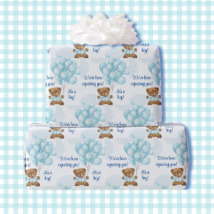 Papier Cadeau Garçon Baby shower Teddy Bear Blue Balloons Ajoute