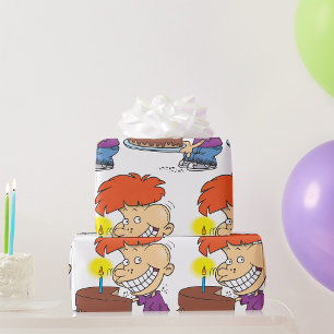 Papier Cadeau Garçon de dessin animé drôle avec gâteau d'anniver