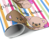 Papier Cadeau Garçon & Fille Nounours Nom du Baby shower Pink Bl (Coin rond)
