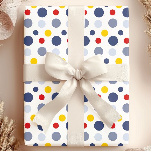 Papier Cadeau Garçon Pois bleu jaune et rouge à motifs