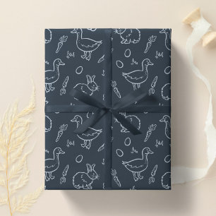 Papier Cadeau Garçons Boho Pâques Lapin Canard Mignon Bleu Foncé