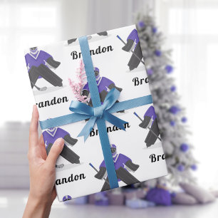 Papier Cadeau Garçons Joueur de hockey sur glace violet et nom S