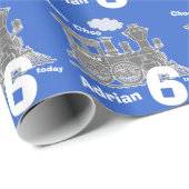 Papier Cadeau Garçons nom âge train loco bleu gris anniversaire (Coin rond)