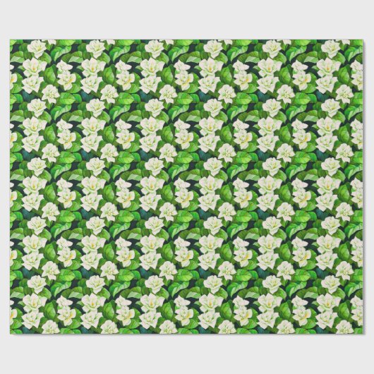 Papier Cadeau Gardenias blanches et Feuilles verts de Jade (Plat)