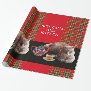 PAPIER CADEAU "GARDEZ LE CALME ET LA CUISINE SUR", TARTAN ROUGE,