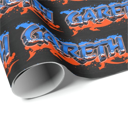 Papier Cadeau Gareth prénom nom Graffiti bleu orange (Coin rond)