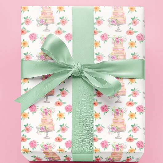 Papier Cadeau Gâteau Chic Couché Aquarelle Avec Motif Rose