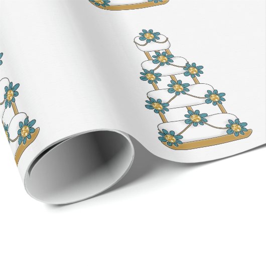 Papier Cadeau Gâteau mariage en Turquoise et or en blanc (Coin rond)