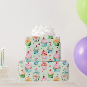 Papier Cadeau Gâteaux Cupcakes Anniversaire Crème de Menthe Rose