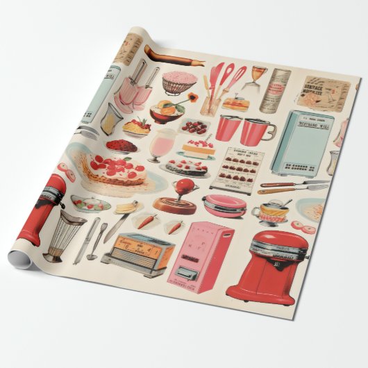 Papier Cadeau Gâteaux et outils de cuisine rétro (Déroulé)