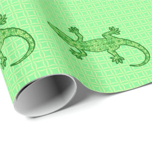 Papier Cadeau Gecko tribal de batik - chaux et vert vert
