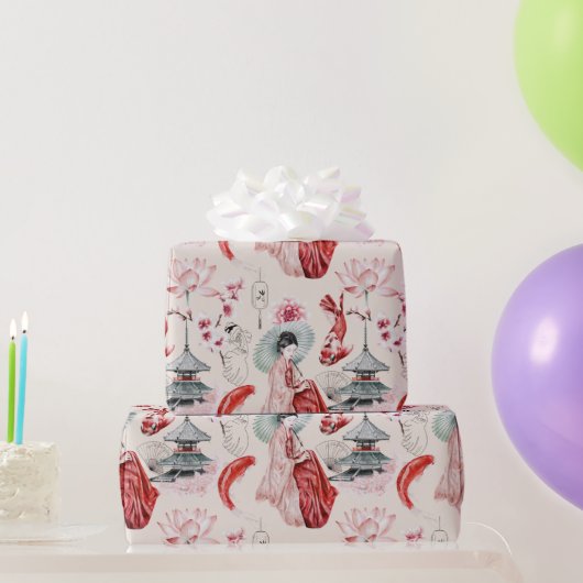 Papier Cadeau Geisha oriental, Poisson koi, Pagode japonaise (Cadeaux de fête)