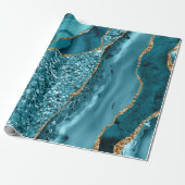 Papier Cadeau Géode d'agate de l'océan sarcelle et or élégant (Déroulé)