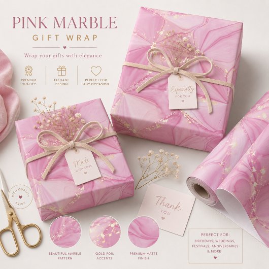 Papier Cadeau Géode de marbre rose motif abstrait or