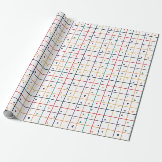 Papier Cadeau Geometric Grid Pattern with Scattered Hearts (Déroulé)