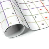 Papier Cadeau Geometric Grid Pattern with Scattered Hearts (Coin rond)