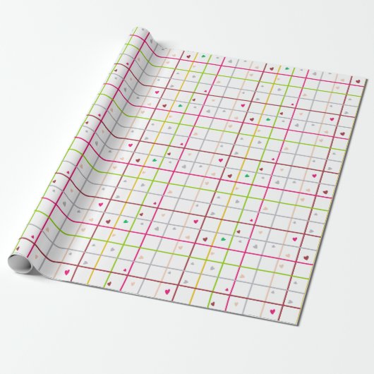 Papier Cadeau Geometric Grid Pattern with Scattered Hearts (Déroulé)