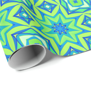 Papier Cadeau Géométrique étoile Abstraite - Vert chaux et bleu
