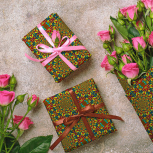 Papier Cadeau Géométrique rouge bleu et jaune Vintage Tribal Eth